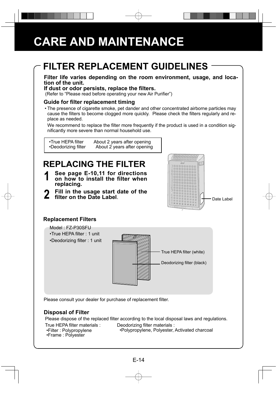 Care and maintenance, Filter replacement guidelines, Replacing the filter | Sharp FP-P30U User Manual | Page 16 / 52