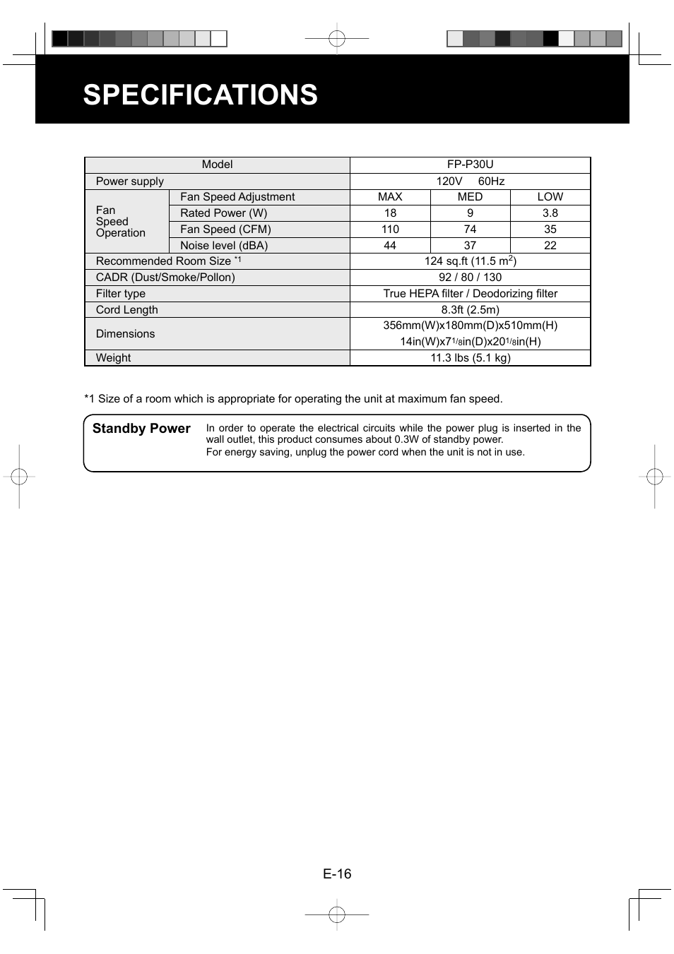 Specifications | Sharp FP-P30U User Manual | Page 18 / 52