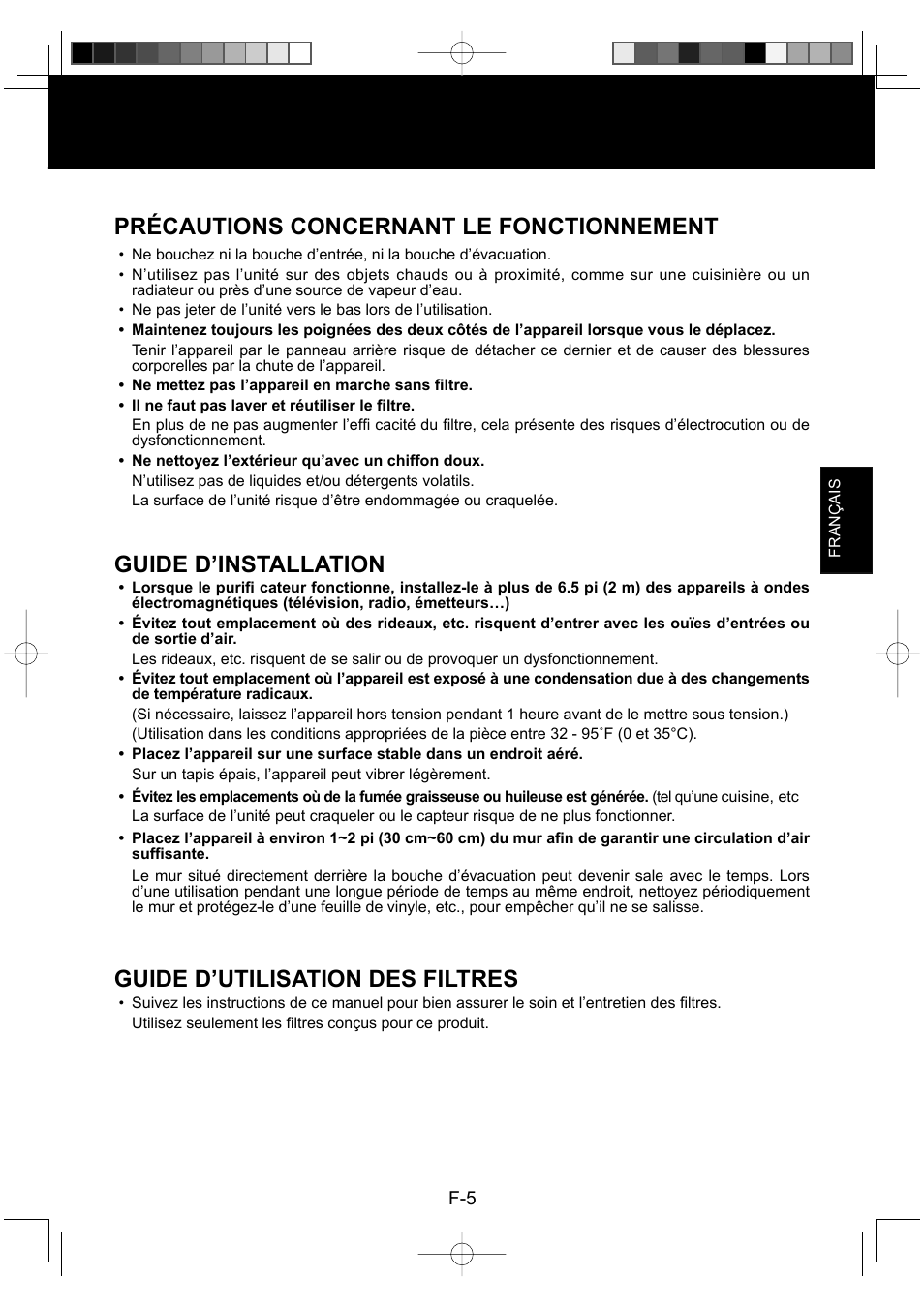 Précautions concernant le fonctionnement, Guide d’installation, Guide d’utilisation des filtres | Sharp FP-P30U User Manual | Page 25 / 52