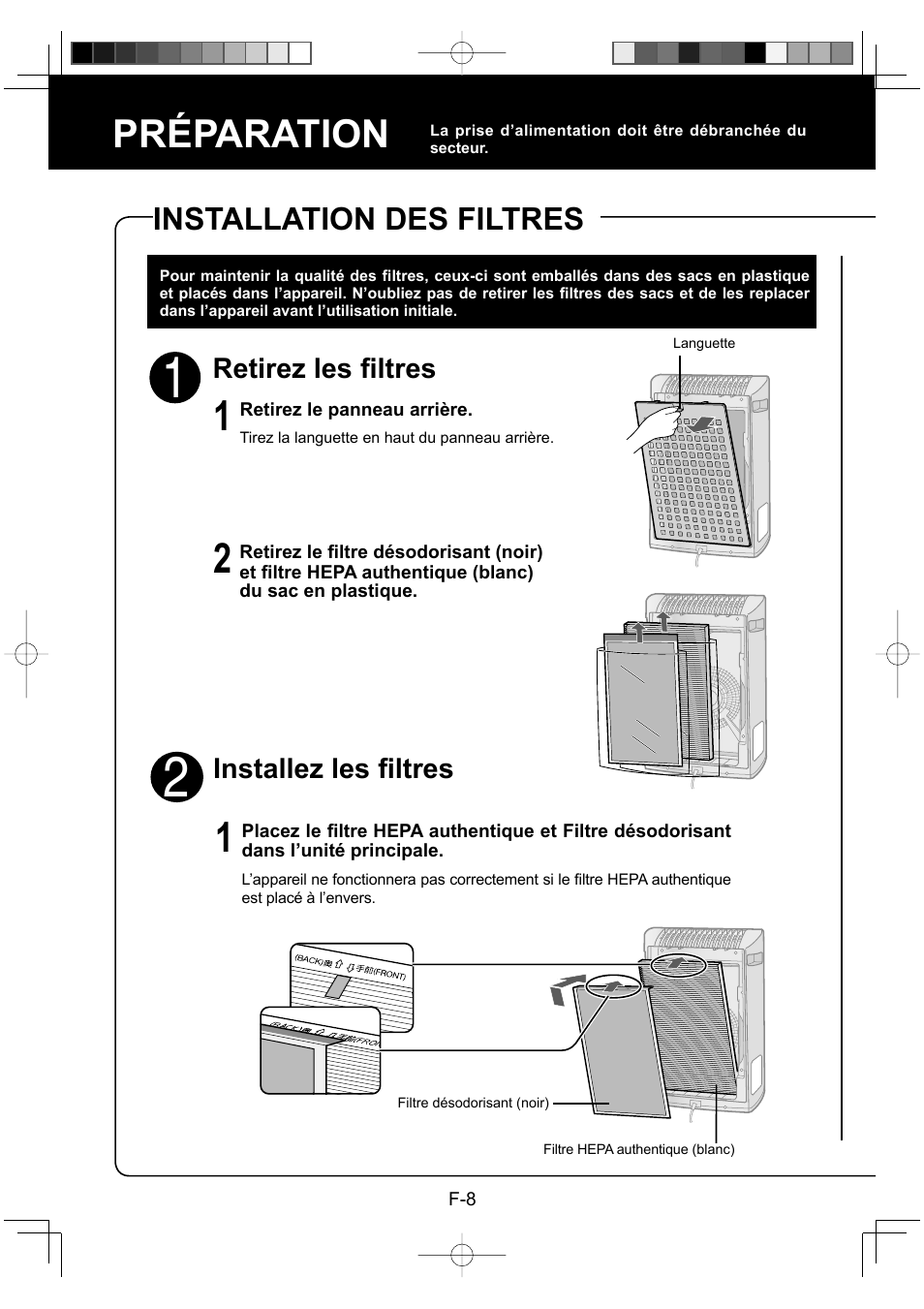 Préparation, Installation des filtres | Sharp FP-P30U User Manual | Page 28 / 52