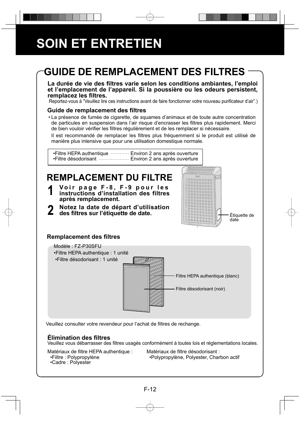 Soin et entretien, Guide de remplacement des filtres, Remplacement du filtre | Sharp FP-P30U User Manual | Page 32 / 52