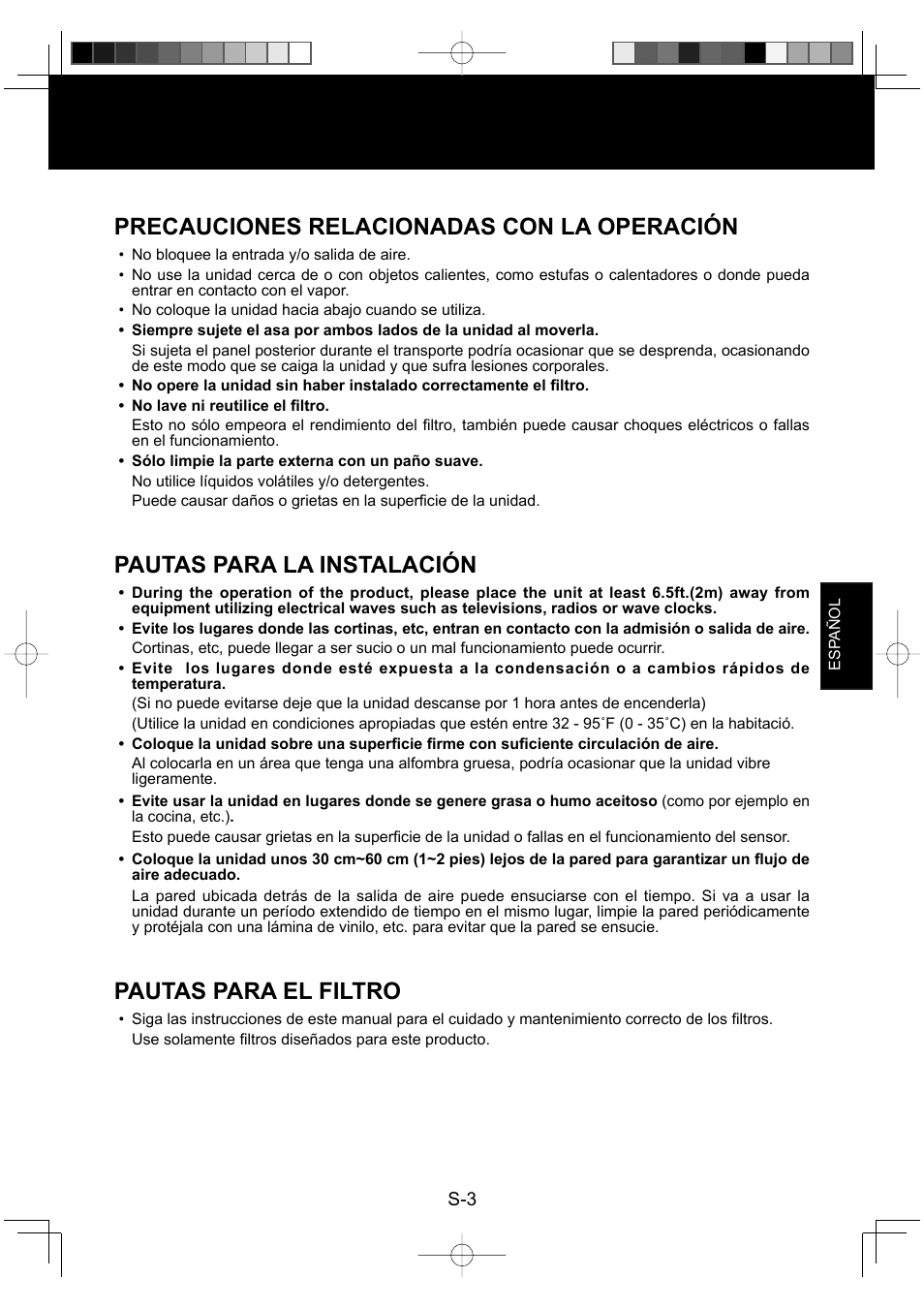 Precauciones relacionadas con la operación, Pautas para la instalación, Pautas para el filtro | Sharp FP-P30U User Manual | Page 39 / 52