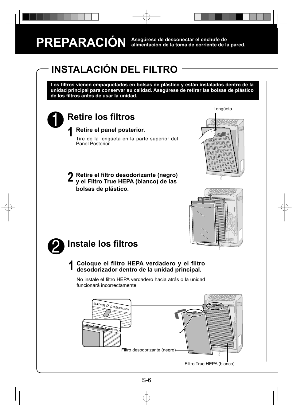 Preparación, Instalación del filtro, Retire los fi ltros | Instale los fi ltros | Sharp FP-P30U User Manual | Page 42 / 52