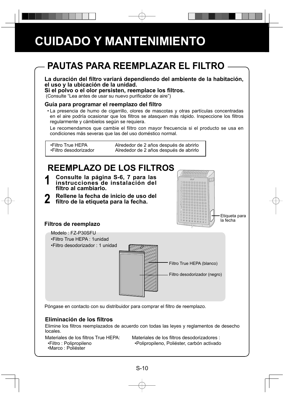 Cuidado y mantenimiento, Pautas para reemplazar el filtro, Reemplazo de los filtros | Sharp FP-P30U User Manual | Page 46 / 52