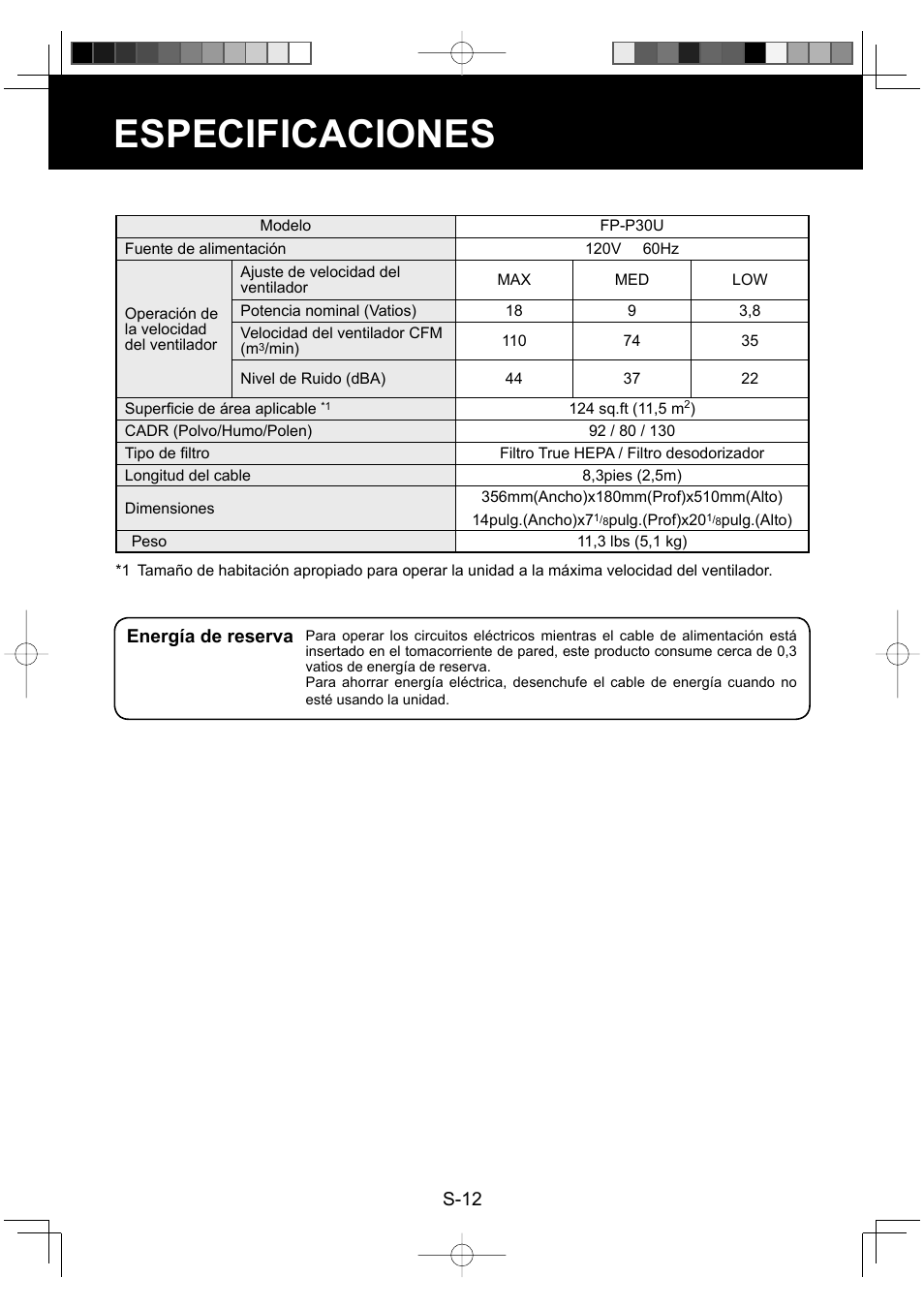 Especificaciones | Sharp FP-P30U User Manual | Page 48 / 52