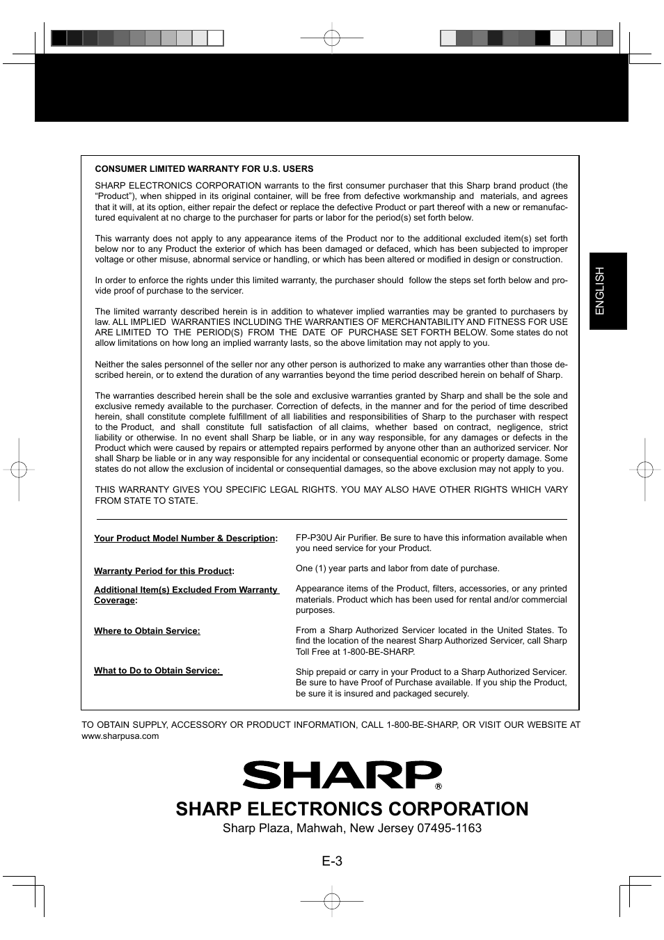 Consumer limited warranty, Sharp electronics corporation | Sharp FP-P30U User Manual | Page 5 / 52