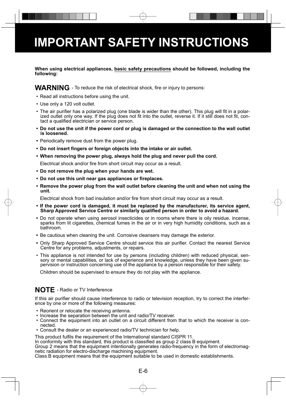 Important safety instructions, Warning | Sharp FP-P30U User Manual | Page 8 / 52