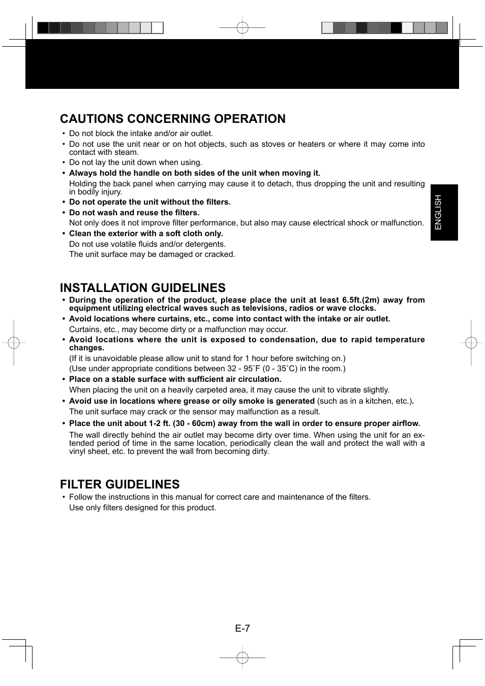 Cautions concerning operation, Installation guidelines, Filter guidelines | Sharp FP-P30U User Manual | Page 9 / 52