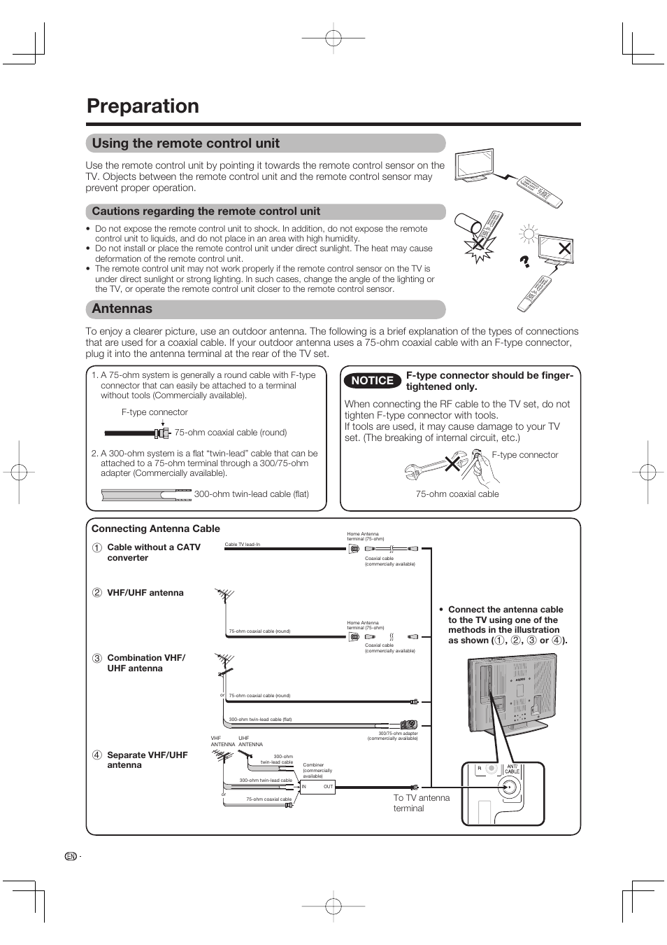 Preparation, Using the remote control unit, Cautions regarding the remote control unit | Antennas, Notice | Sharp AQUOS LC-37DW99U User Manual | Page 14 / 59