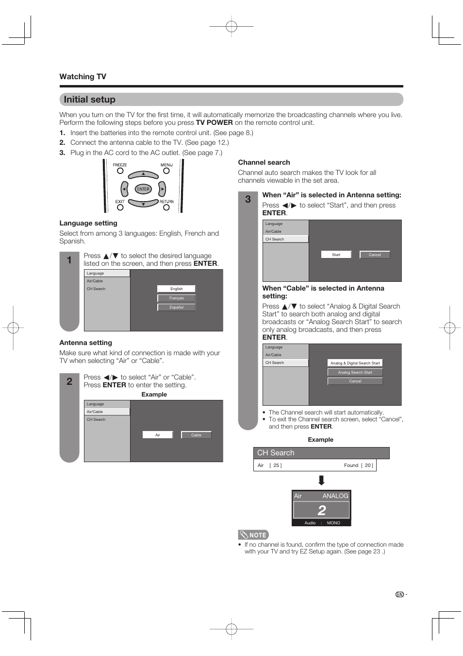 Initial setup, Watching tv | Sharp AQUOS LC-37DW99U User Manual | Page 19 / 59