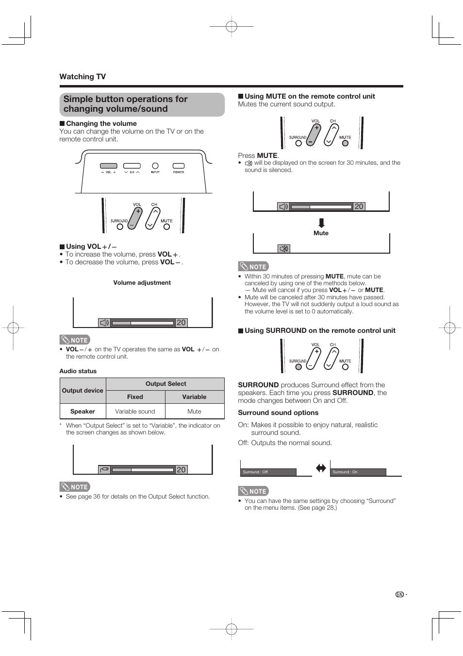 Simple button operations for changing volume/sound | Sharp AQUOS LC-37DW99U User Manual | Page 21 / 59