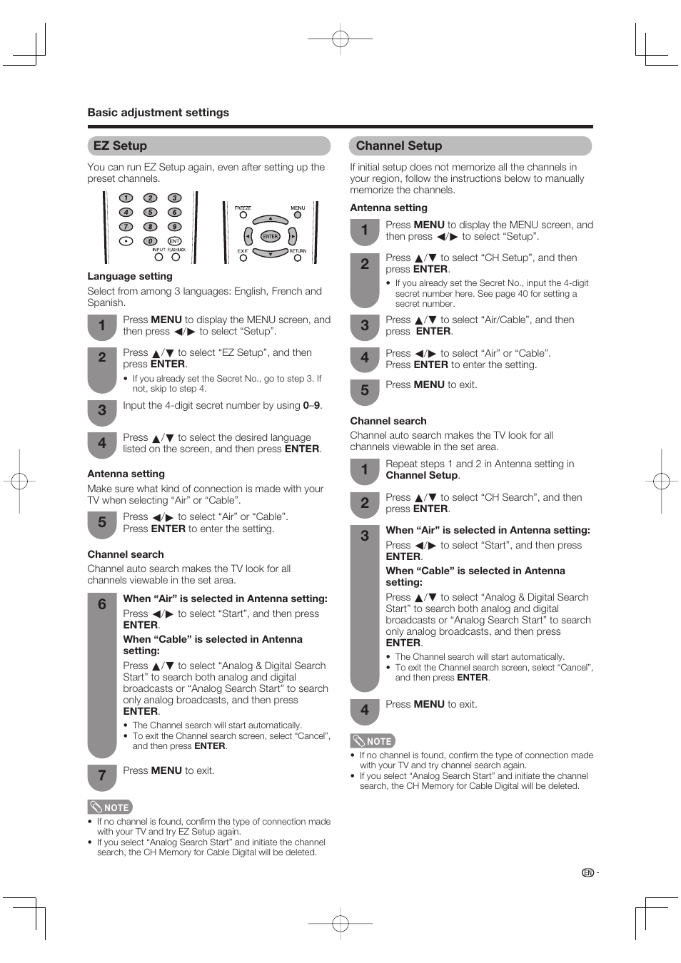 Ez setup, Channel setup | Sharp AQUOS LC-37DW99U User Manual | Page 25 / 59