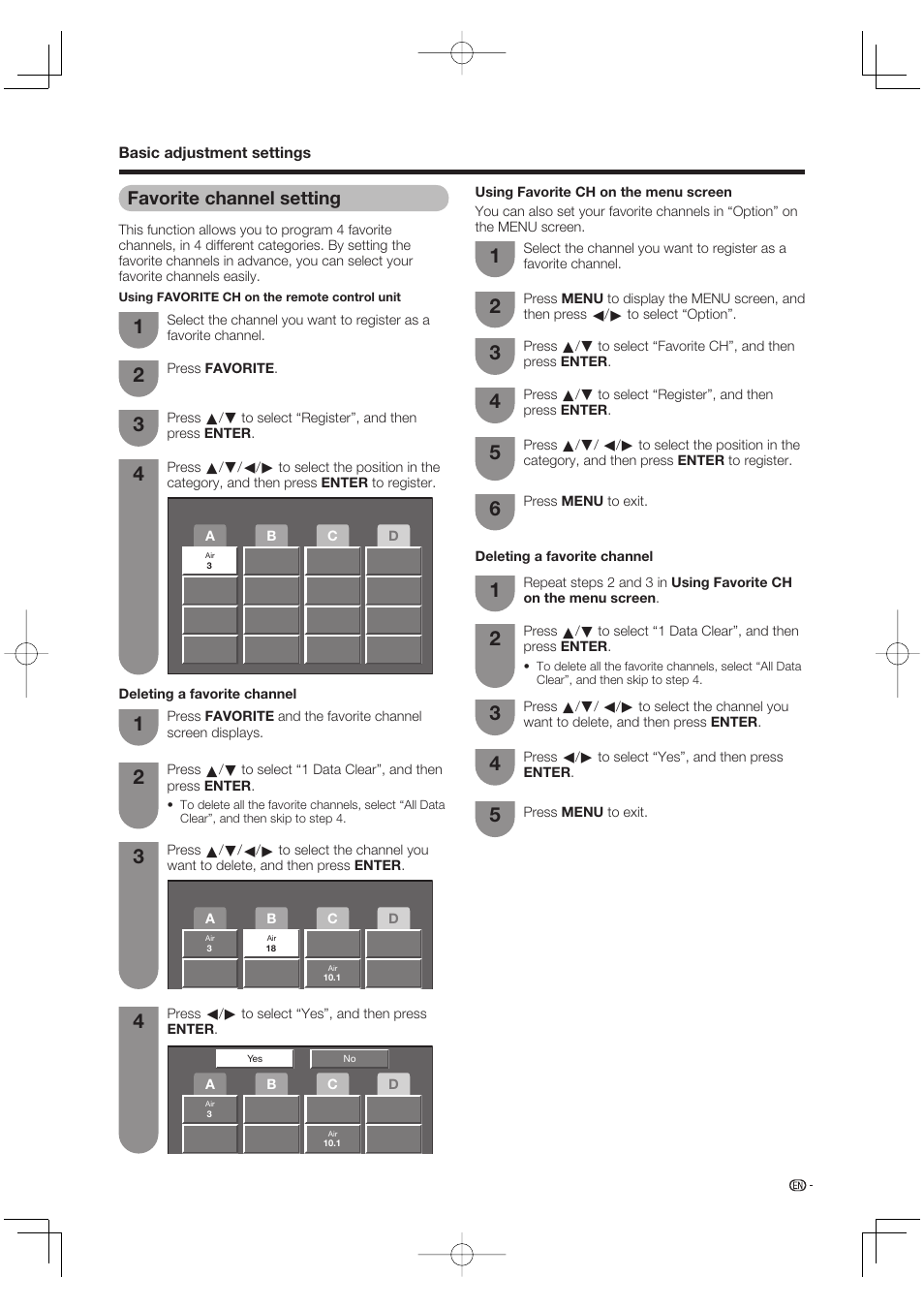 Favorite channel setting | Sharp AQUOS LC-37DW99U User Manual | Page 27 / 59