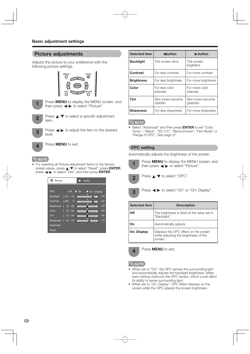 Picture adjustments, Opc setting, Basic adjustment settings | Sharp AQUOS LC-37DW99U User Manual | Page 28 / 59