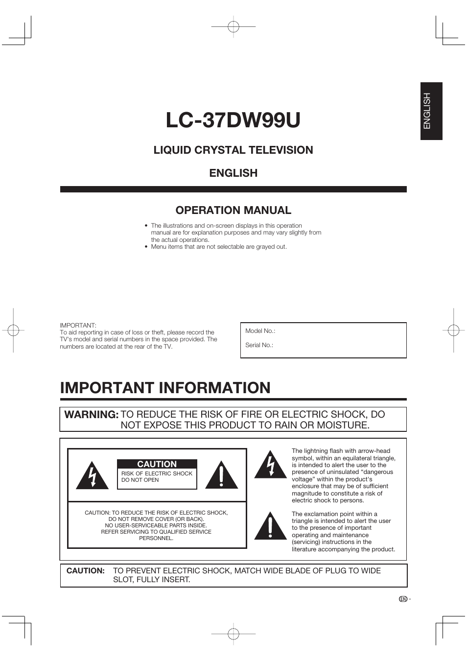 Important information, Lc-37dw99u, Operation manual | Liquid crystal television english, Warning | Sharp AQUOS LC-37DW99U User Manual | Page 3 / 59