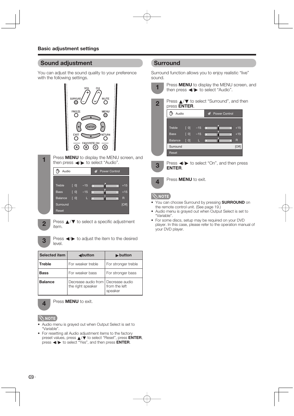 Sound adjustment, Surround | Sharp AQUOS LC-37DW99U User Manual | Page 30 / 59