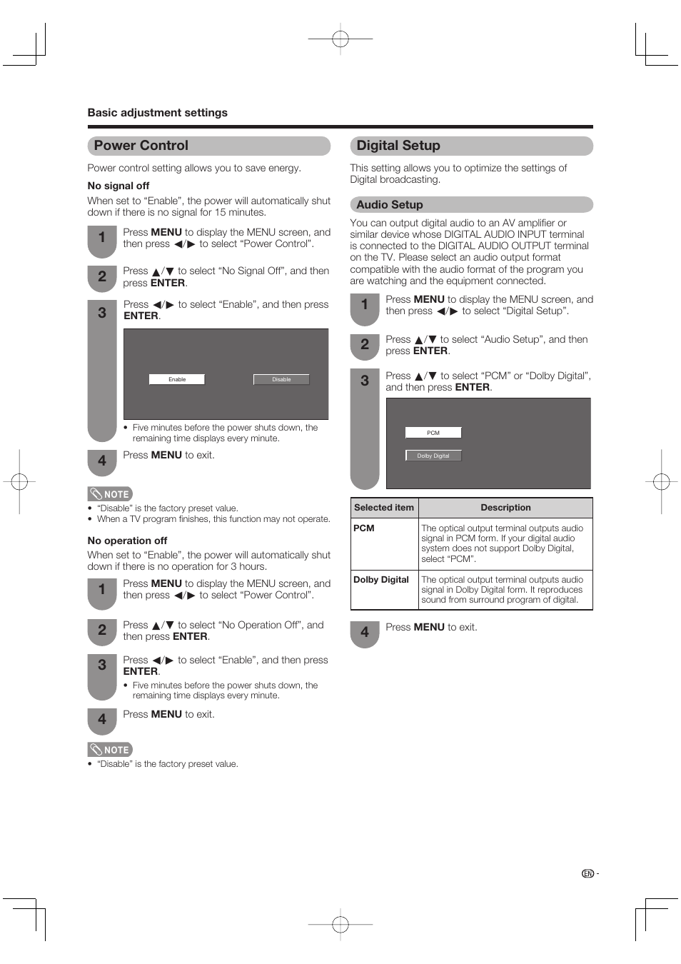 Power control, Digital setup, Audio setup | Sharp AQUOS LC-37DW99U User Manual | Page 31 / 59