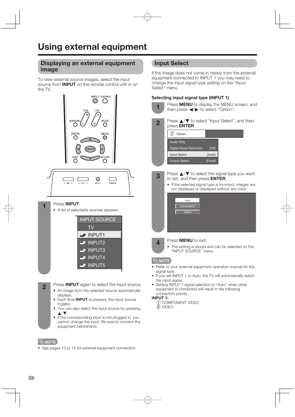 Using external equipment, Displaying an external equipment image, Input select | Sharp AQUOS LC-37DW99U User Manual | Page 32 / 59