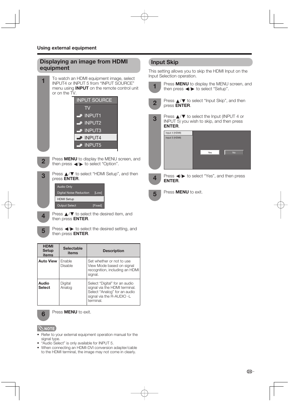 Displaying an image from hdmi equipment, Input skip | Sharp AQUOS LC-37DW99U User Manual | Page 33 / 59