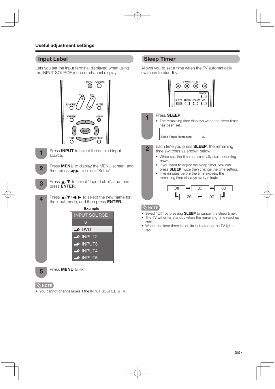 Input label, Sleep timer | Sharp AQUOS LC-37DW99U User Manual | Page 35 / 59