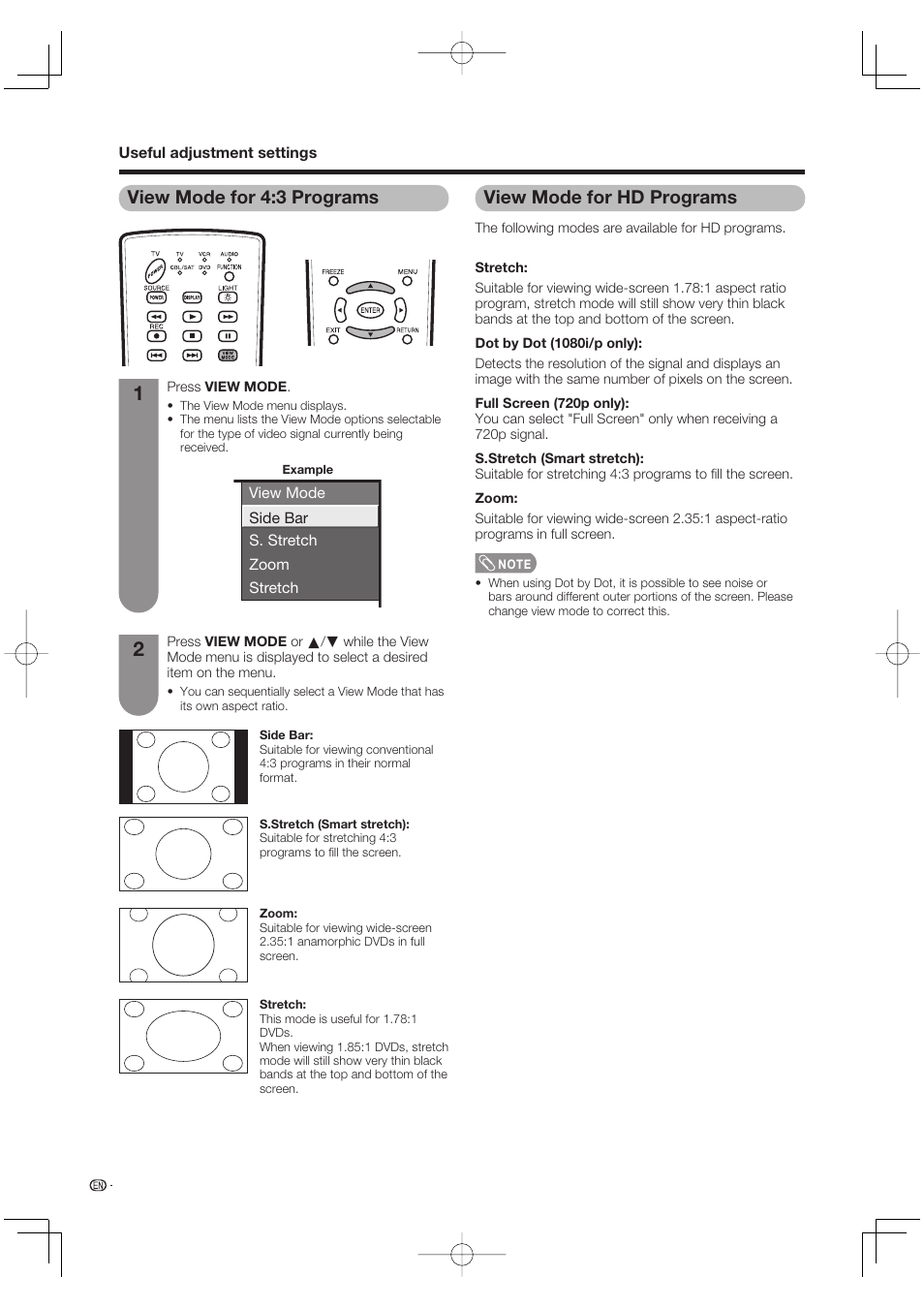 View mode for 4:3 programs, View mode for hd programs | Sharp AQUOS LC-37DW99U User Manual | Page 36 / 59