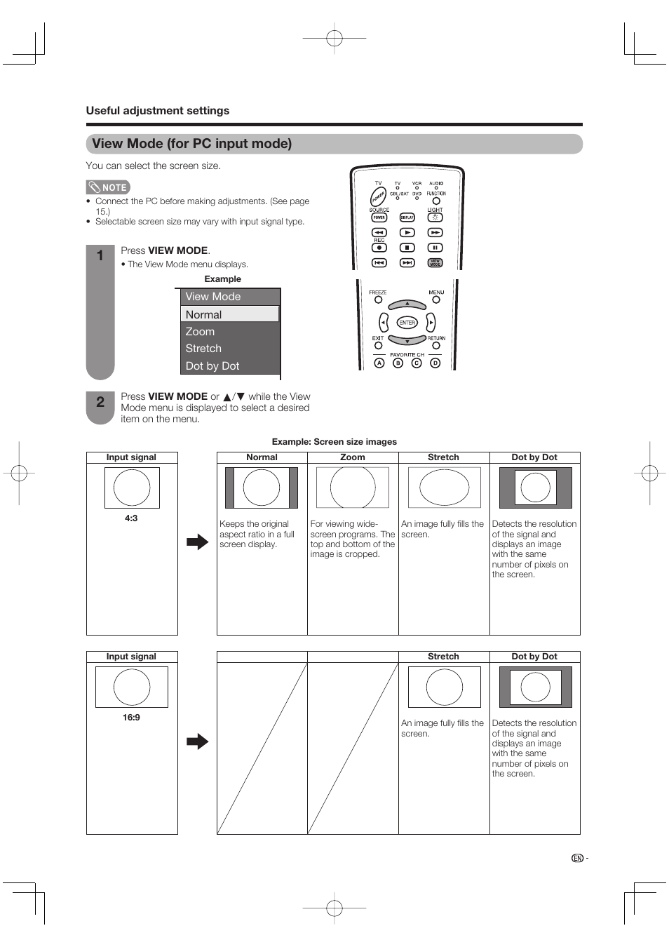 View mode (for pc input mode) | Sharp AQUOS LC-37DW99U User Manual | Page 37 / 59