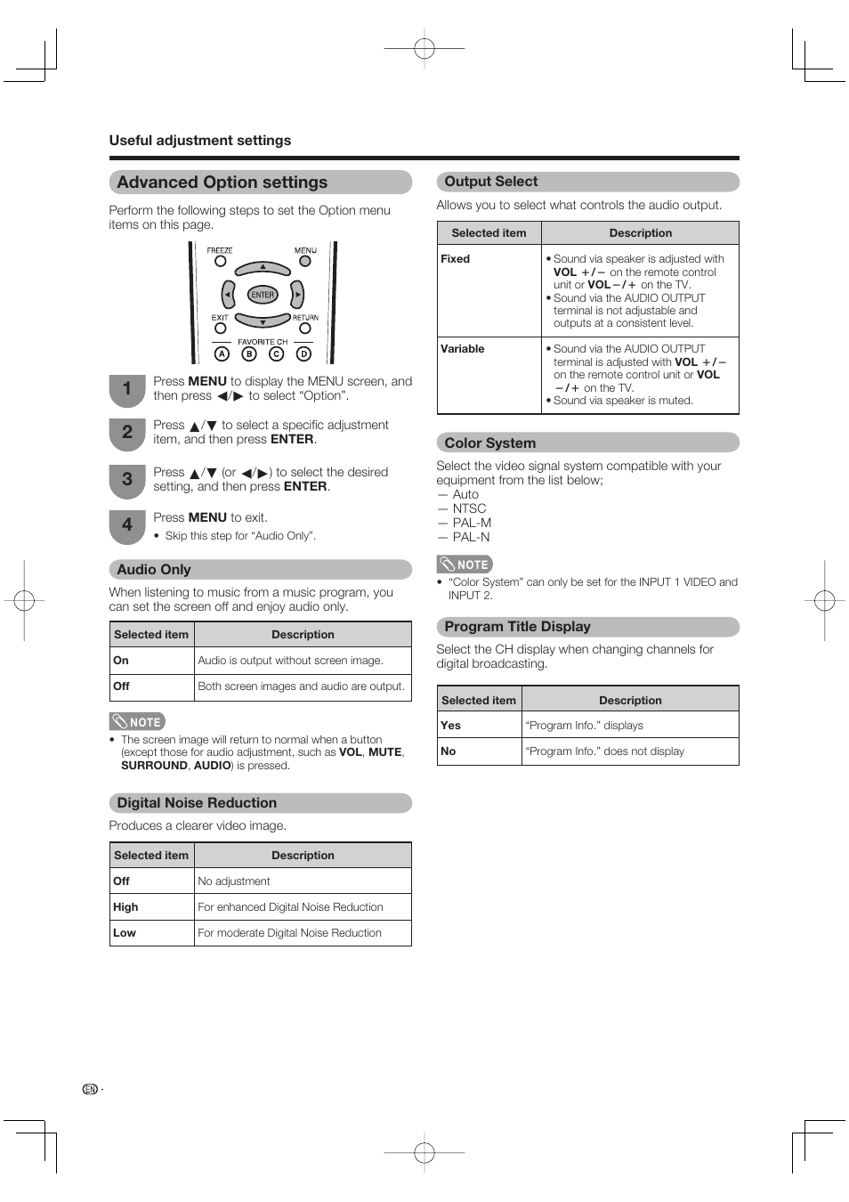Advanced option settings, Audio only, Digital noise reduction | Output select, Color system, Program title display | Sharp AQUOS LC-37DW99U User Manual | Page 38 / 59