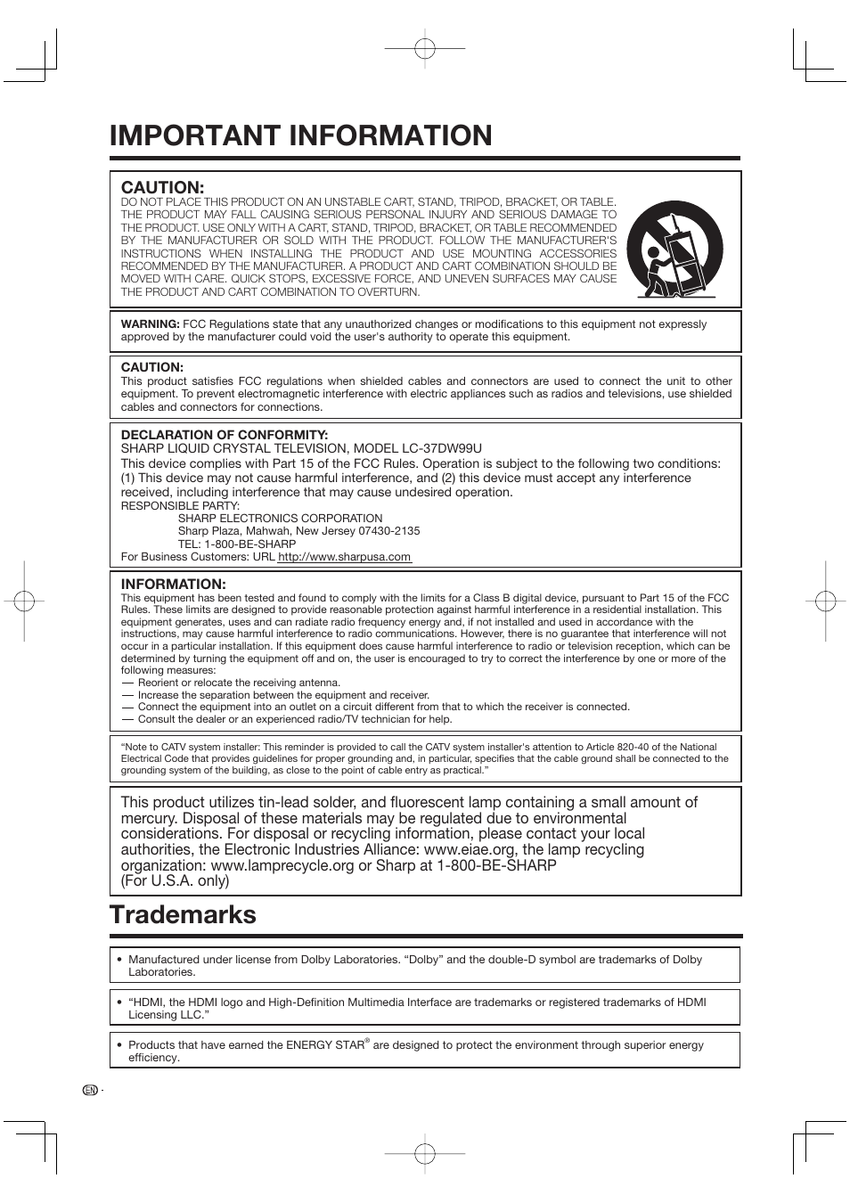 Trademarks, Important information, Caution | Sharp AQUOS LC-37DW99U User Manual | Page 4 / 59