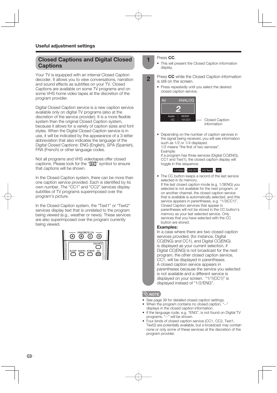 Closed captions and digital closed captions | Sharp AQUOS LC-37DW99U User Manual | Page 40 / 59
