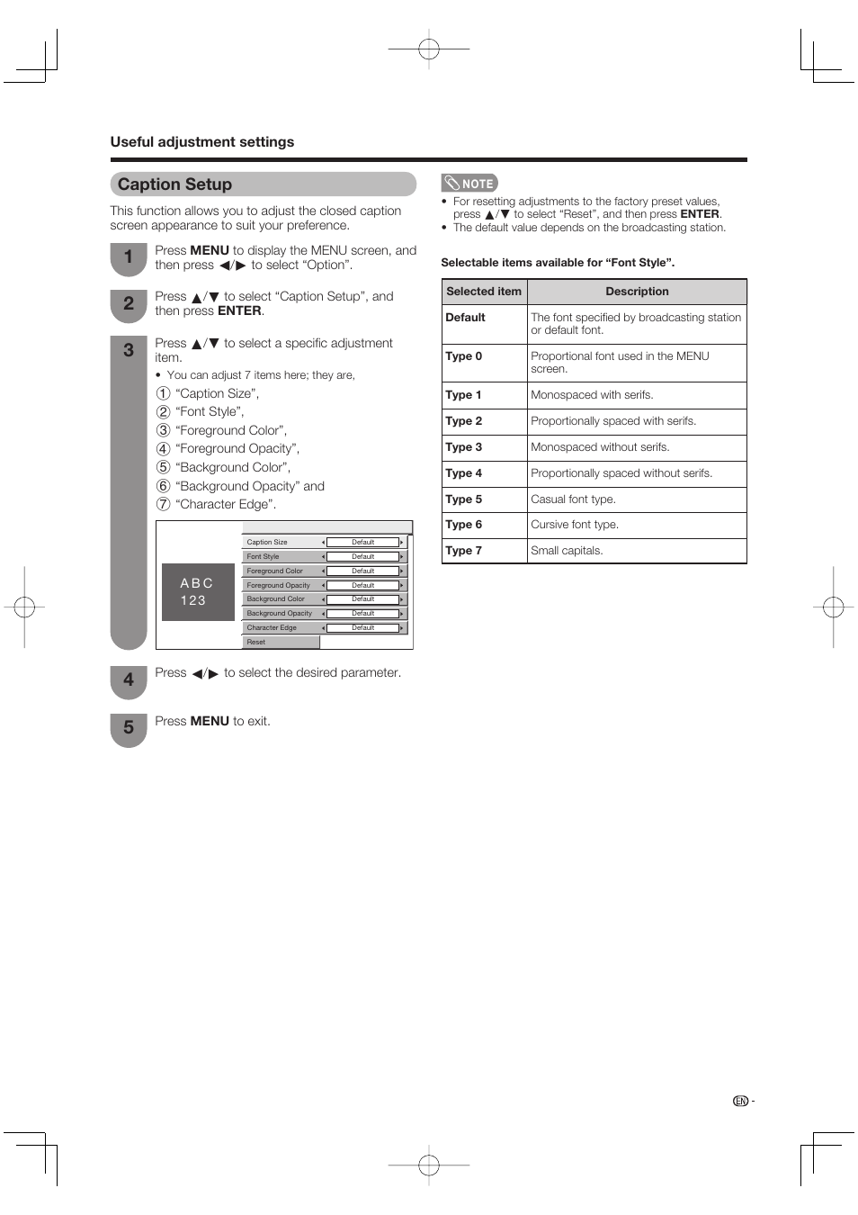Caption setup, Useful adjustment settings | Sharp AQUOS LC-37DW99U User Manual | Page 41 / 59