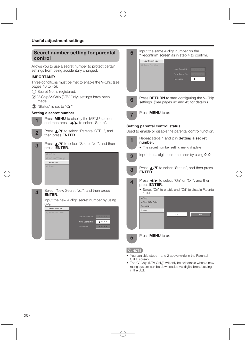 Secret number setting for parental control, Useful adjustment settings | Sharp AQUOS LC-37DW99U User Manual | Page 42 / 59