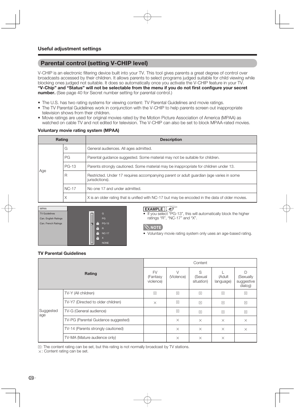 Parental control (setting v-chip level), Useful adjustment settings | Sharp AQUOS LC-37DW99U User Manual | Page 44 / 59