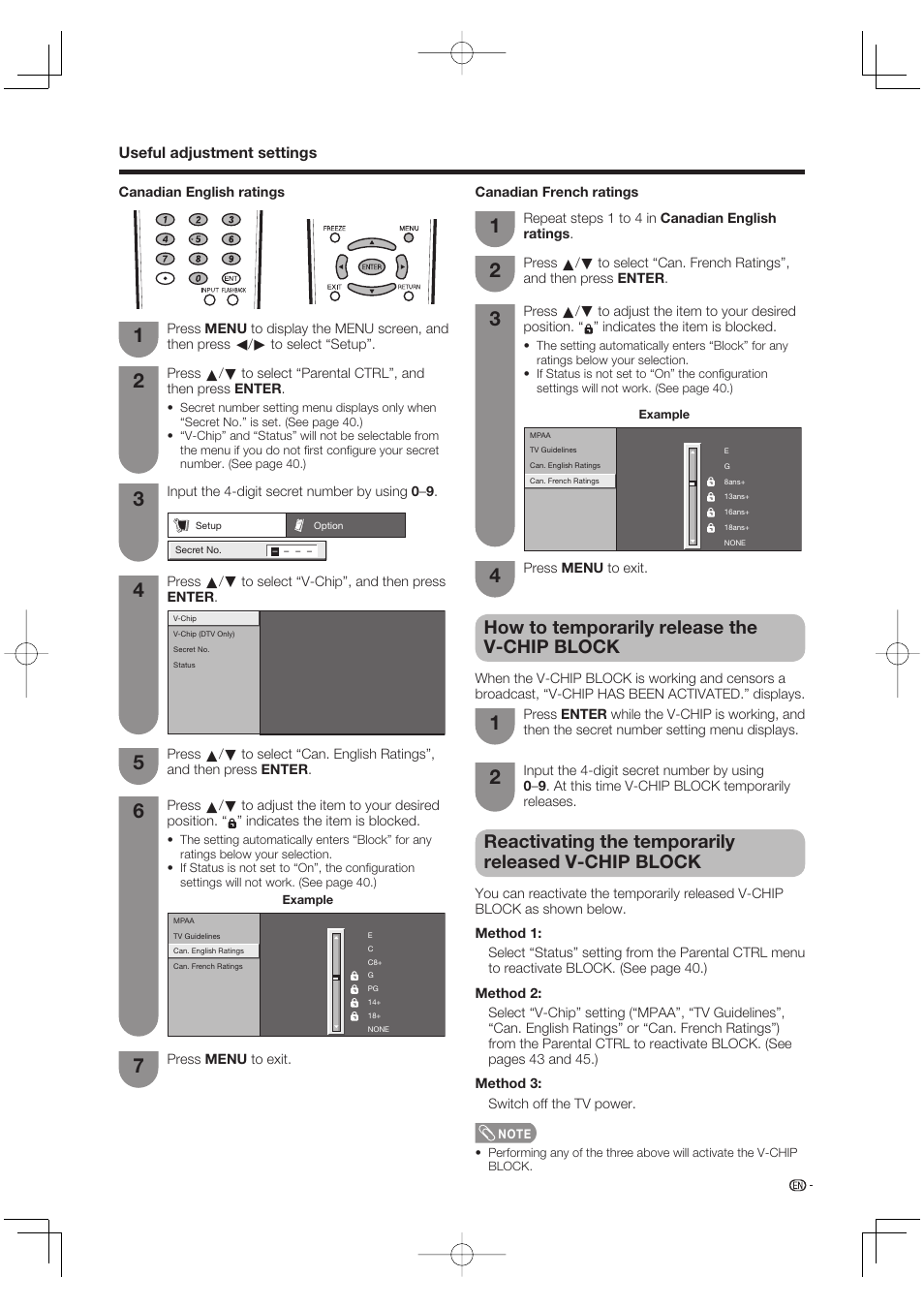 How to temporarily release the v-chip block, Reactivating the temporarily released v-chip block | Sharp AQUOS LC-37DW99U User Manual | Page 47 / 59