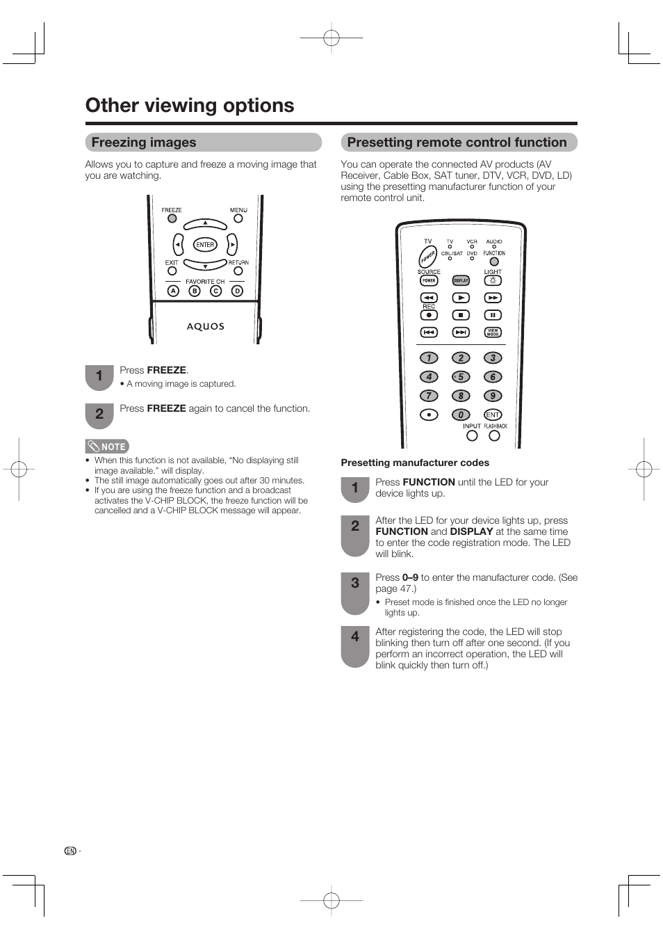 Other viewing options, Freezing images, Presetting remote control function | Sharp AQUOS LC-37DW99U User Manual | Page 48 / 59