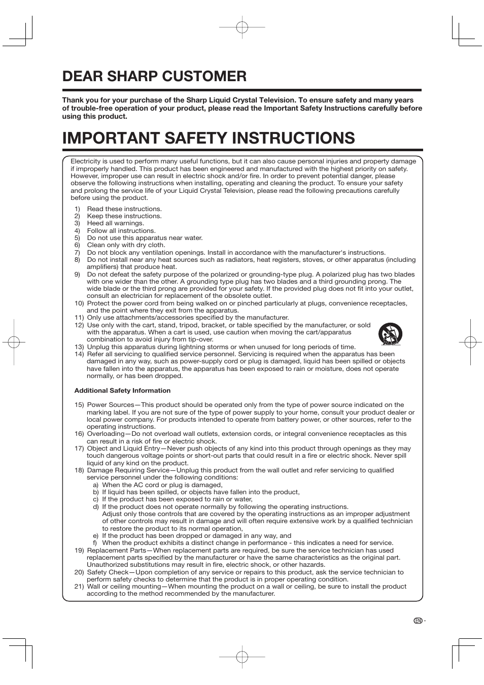 Dear sharp customer, Important safety instructions | Sharp AQUOS LC-37DW99U User Manual | Page 5 / 59