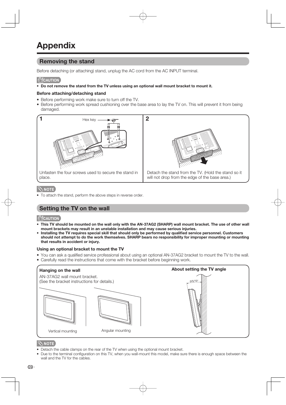 Appendix, Removing the stand, Setting the tv on the wall | Sharp AQUOS LC-37DW99U User Manual | Page 52 / 59