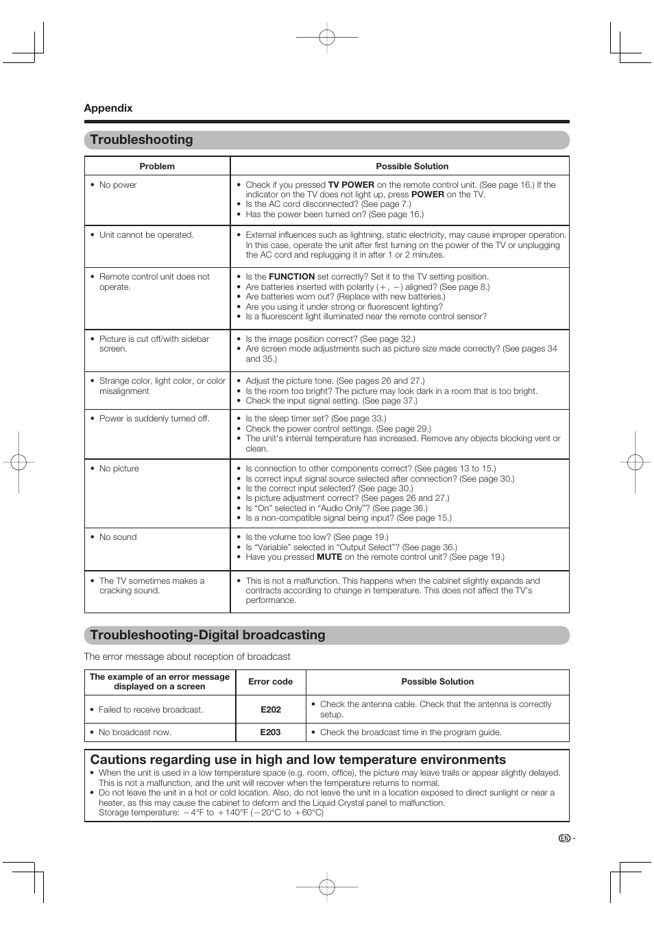 Troubleshooting, Troubleshooting-digital broadcasting | Sharp AQUOS LC-37DW99U User Manual | Page 53 / 59