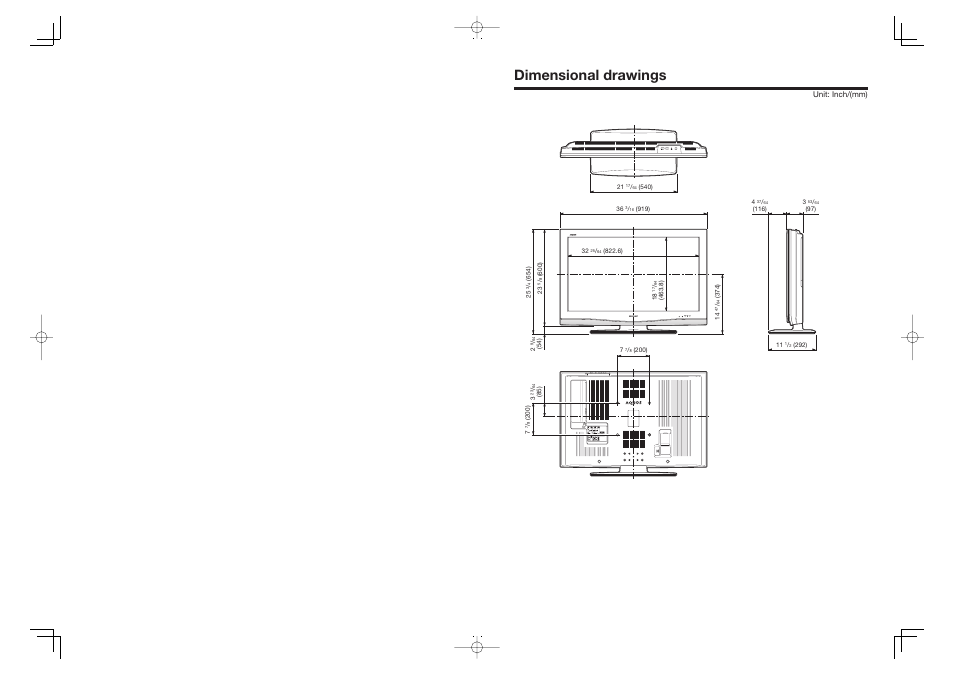 Dimensional drawings, Unit: inch/(mm) | Sharp AQUOS LC-37DW99U User Manual | Page 58 / 59