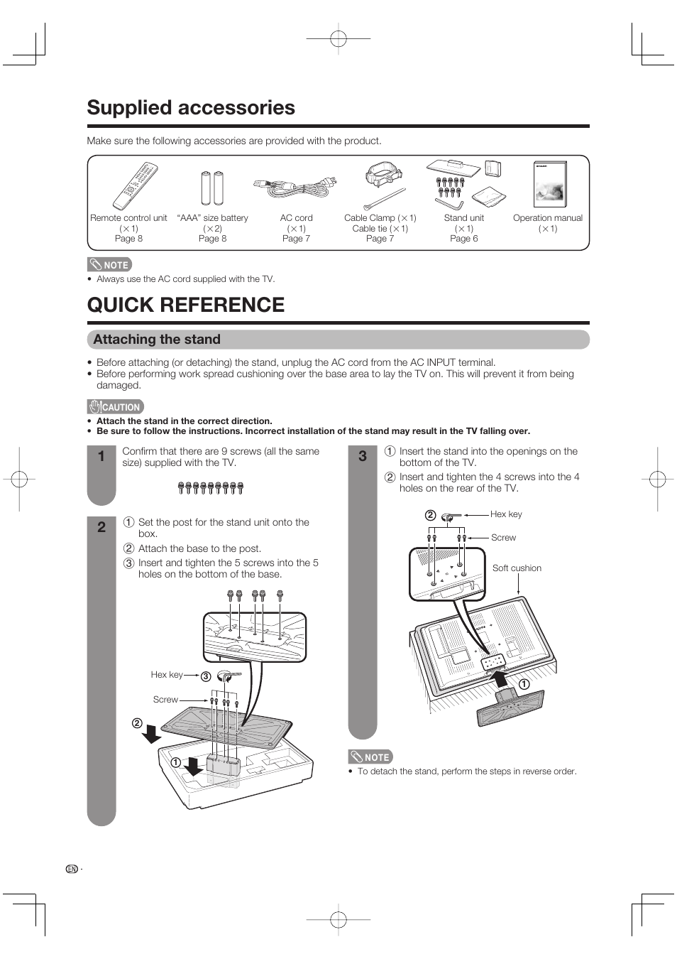 Supplied accessories, Quick reference, Attaching the stand | Supplied accessories quick reference | Sharp AQUOS LC-37DW99U User Manual | Page 8 / 59