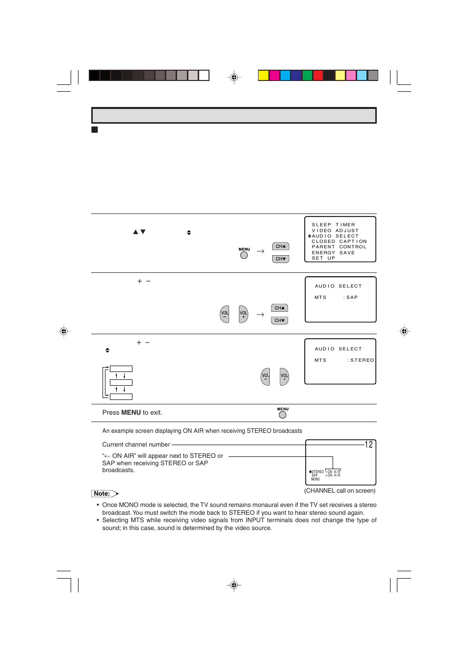 Audio select | Sharp 27C240 User Manual | Page 12 / 45