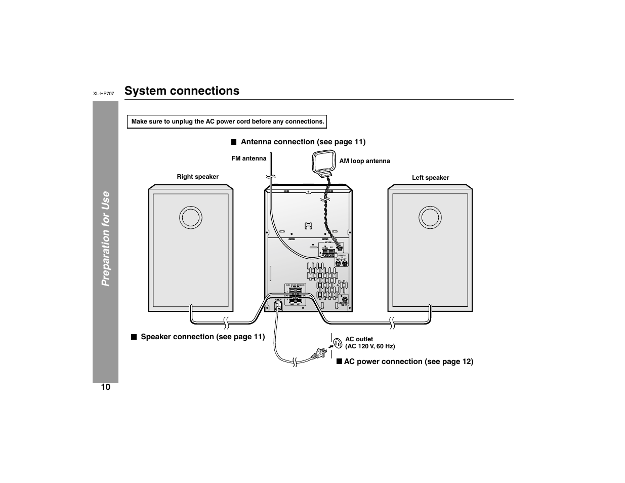 System connections, Pre paration for use | Sharp XL-HP707 User Manual | Page 10 / 36