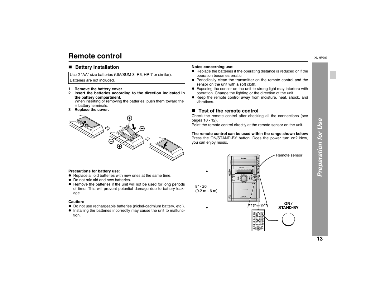 Remote control, Pre paration for use | Sharp XL-HP707 User Manual | Page 13 / 36