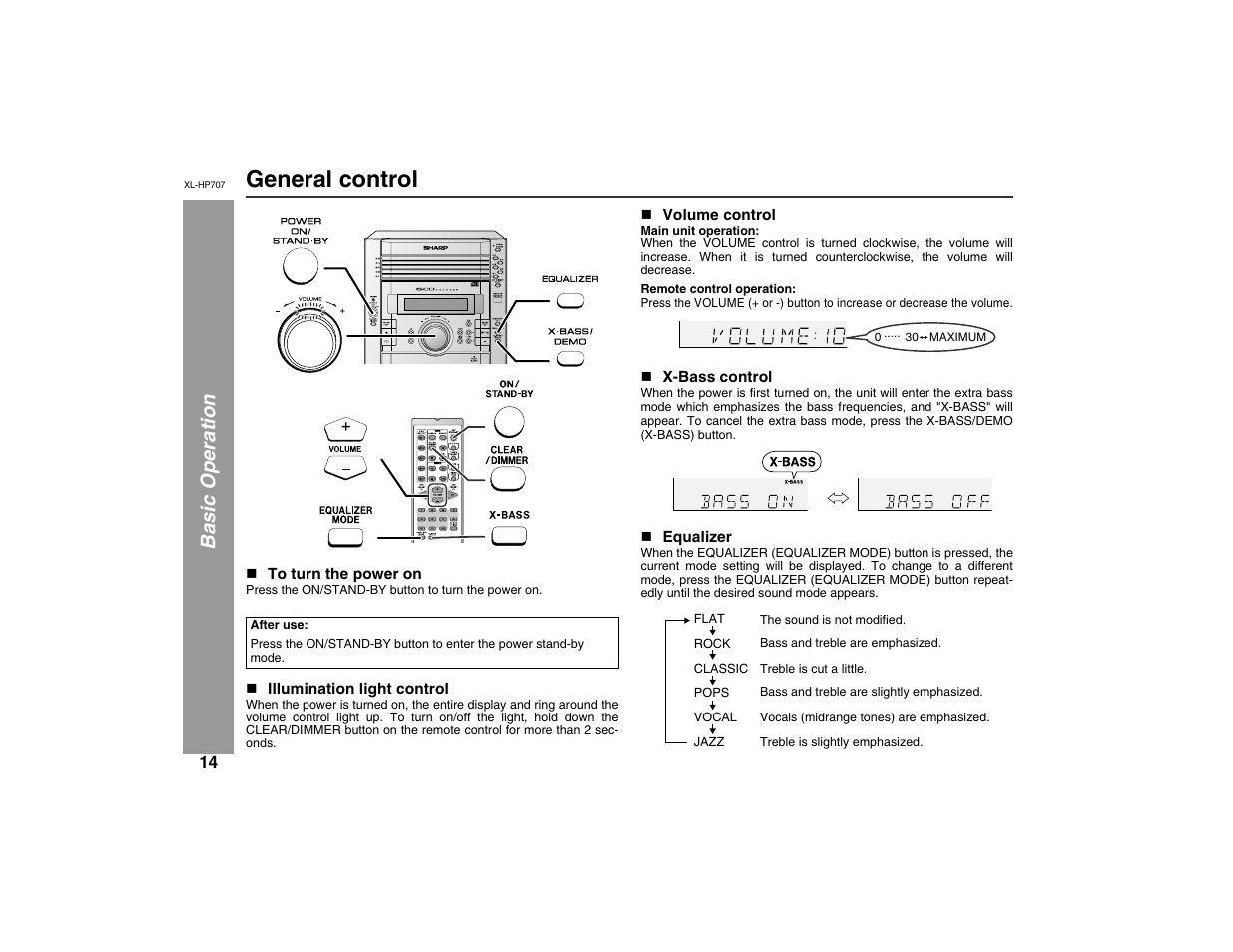 General control, Ba sic ope ration | Sharp XL-HP707 User Manual | Page 14 / 36