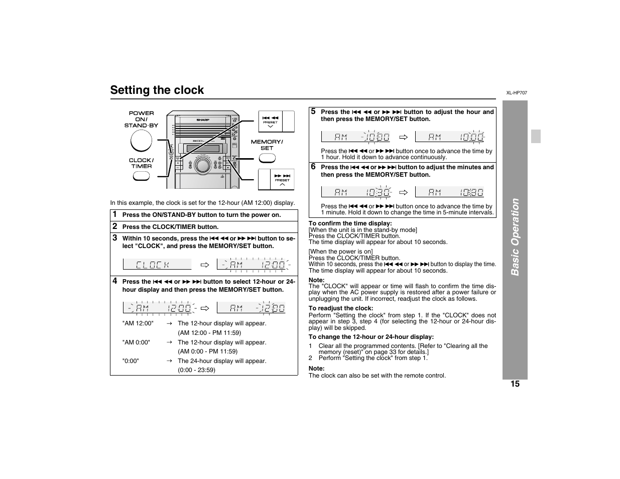 Setting the clock, Ba sic ope ration | Sharp XL-HP707 User Manual | Page 15 / 36