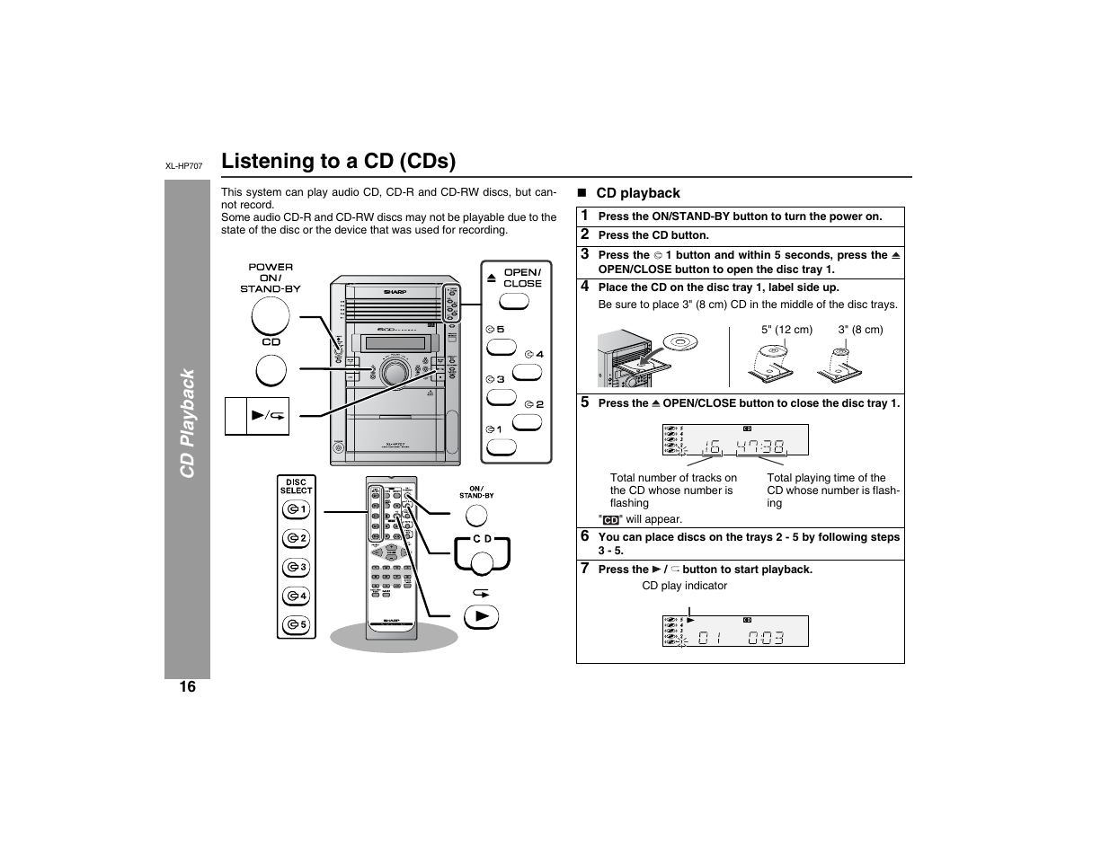 Listening to a cd (cds), Cd playb ack | Sharp XL-HP707 User Manual | Page 16 / 36