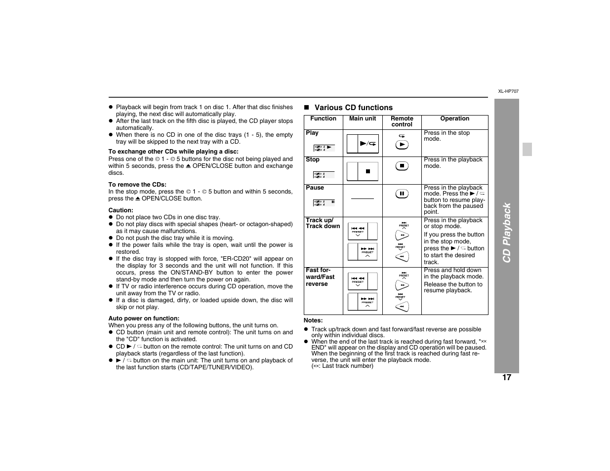 Cd playb ack | Sharp XL-HP707 User Manual | Page 17 / 36