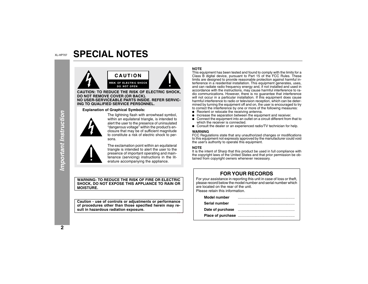 Imp ortant ins truction | Sharp XL-HP707 User Manual | Page 2 / 36