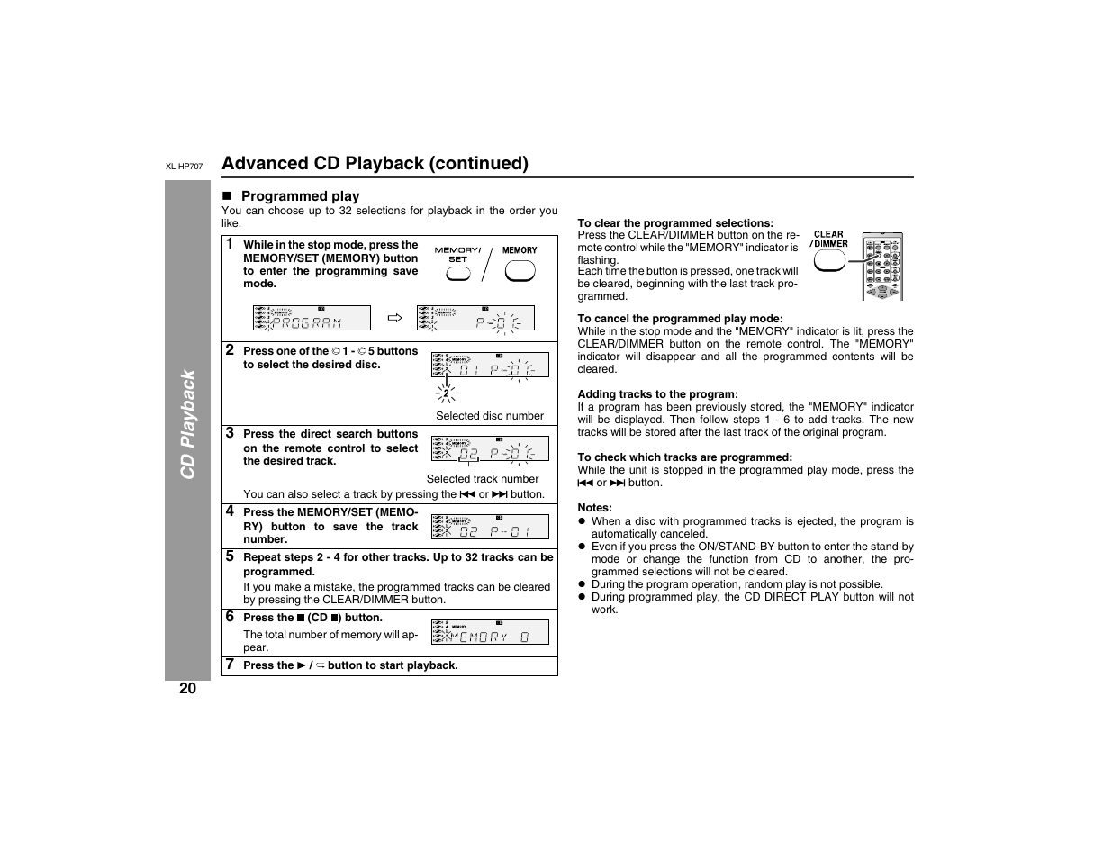 Cd playb ack advanced cd playback (continued) | Sharp XL-HP707 User Manual | Page 20 / 36