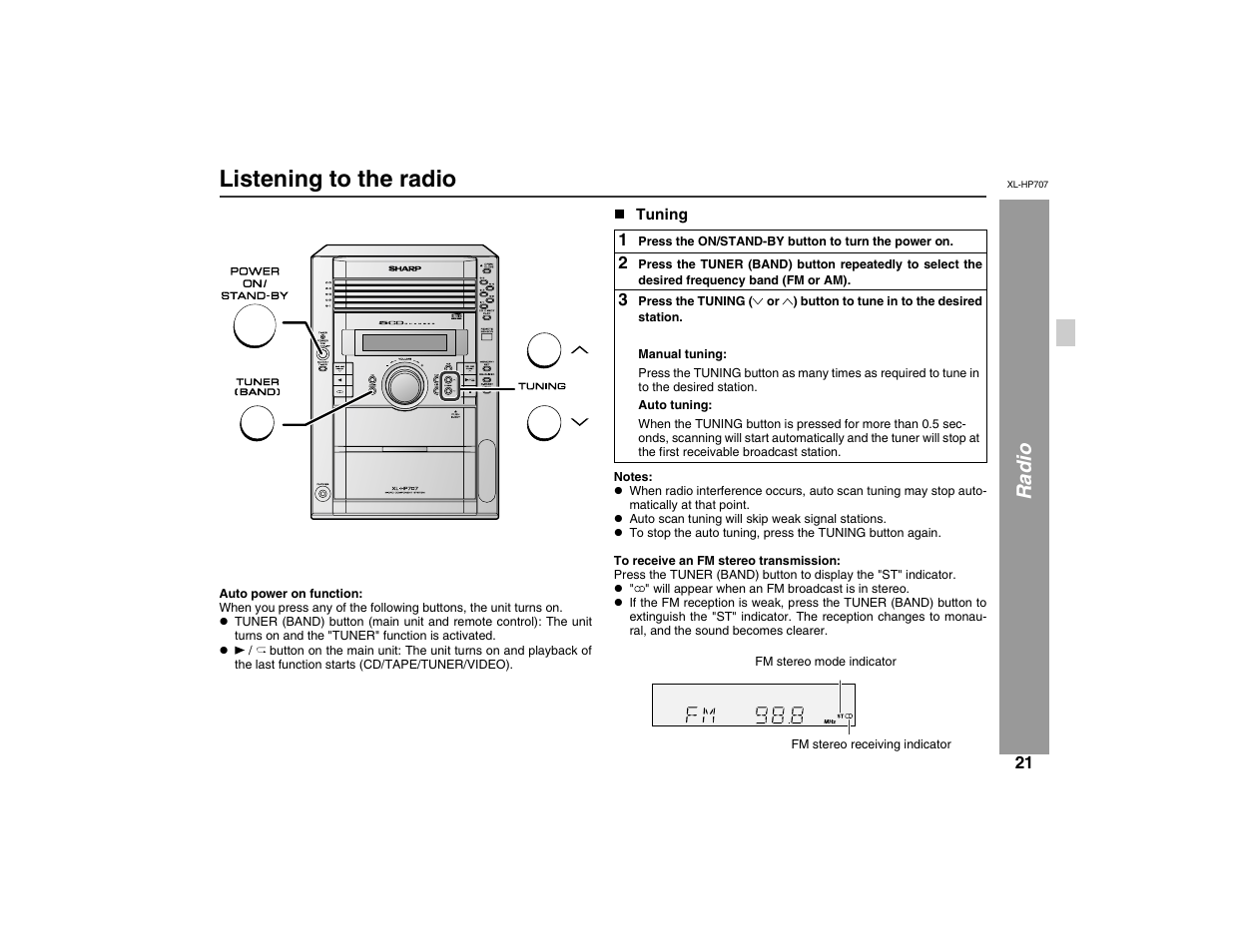 Listening to the radio, Radio | Sharp XL-HP707 User Manual | Page 21 / 36