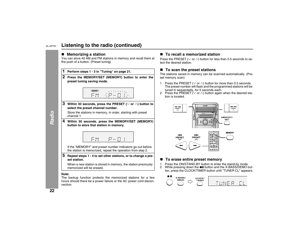 Radio listening to the radio (continued) | Sharp XL-HP707 User Manual | Page 22 / 36